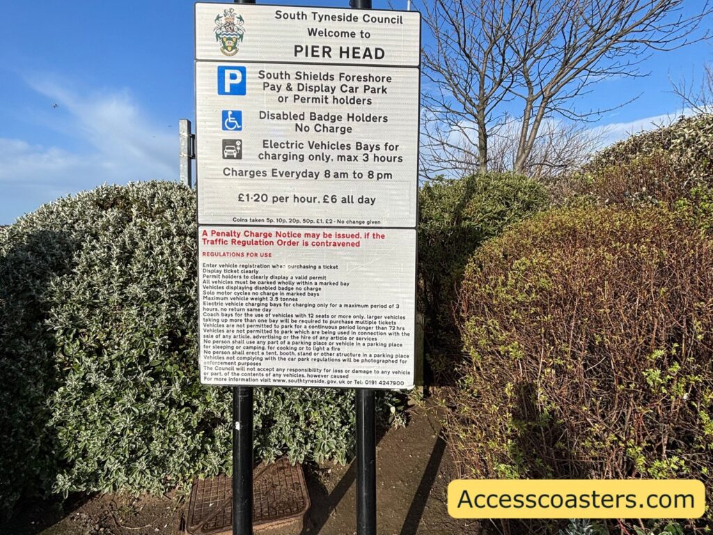sign from the council at Pier head car park key points: disabled badge holders no charge. £1.20 per hour or £6 all day, Car park chargeable between 8am and 8pm. 