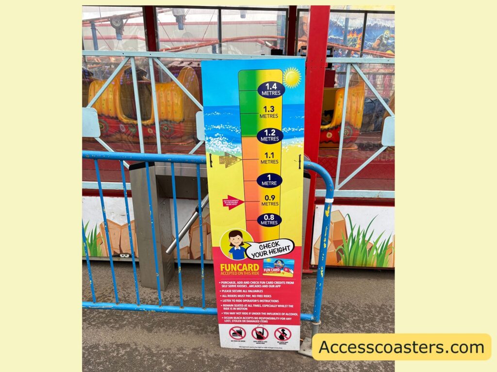 colourful height restriction board for the Speedy Coaster, showing minimum height requirements