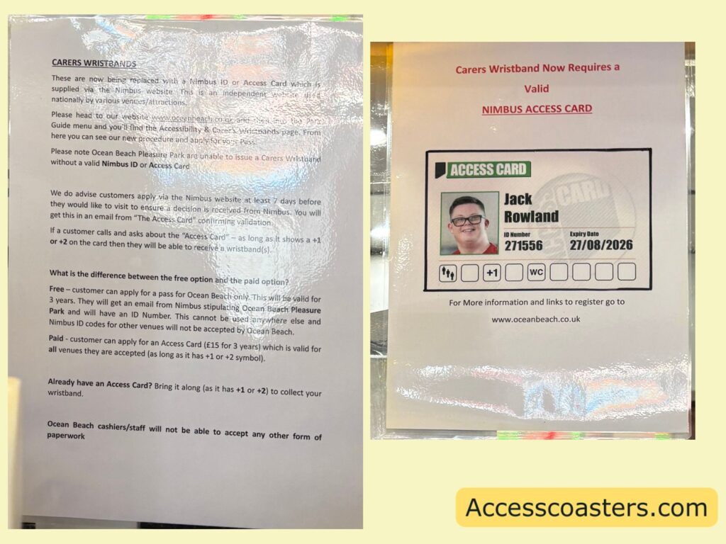Close‑up of a printed information notice on the wall beside the change kiosk, explaining the Essential Companion scheme and requirements for carers when collecting a wristband.
