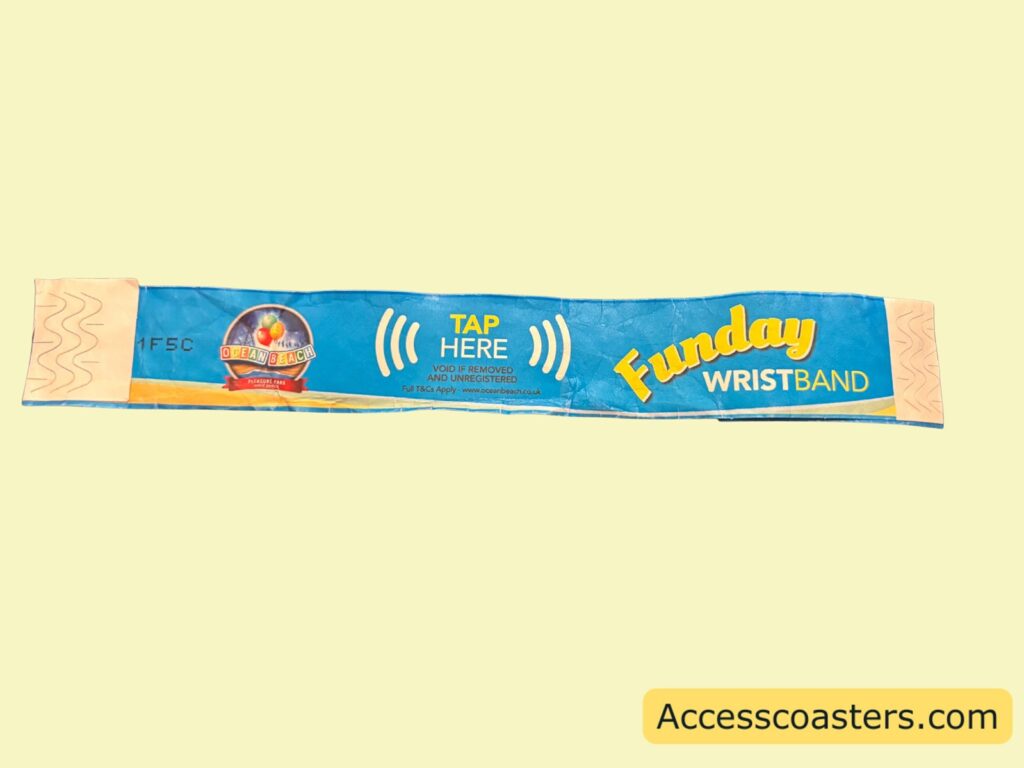 close up of blue ocean beach branded wristband with a tap here point. 