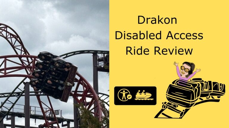 Drakon rollercoaster at Paultons Park going through a red track inversion with riders onboard, next to a yellow graphic panel reading “Drakon Disabled Access Ride Review” with a cartoon coaster illustration and accessibility icons.