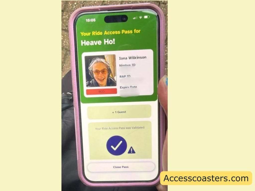 image of Screenshot of the Ride Access Pass app showing the ID card screen that appears after scanning a QR code, with an “Active Pass” card at the top (large “A” icon) and pass-holder details such as name, date of birth, expiration date, approved parks, and an “Approved” status, plus a finish ride button
