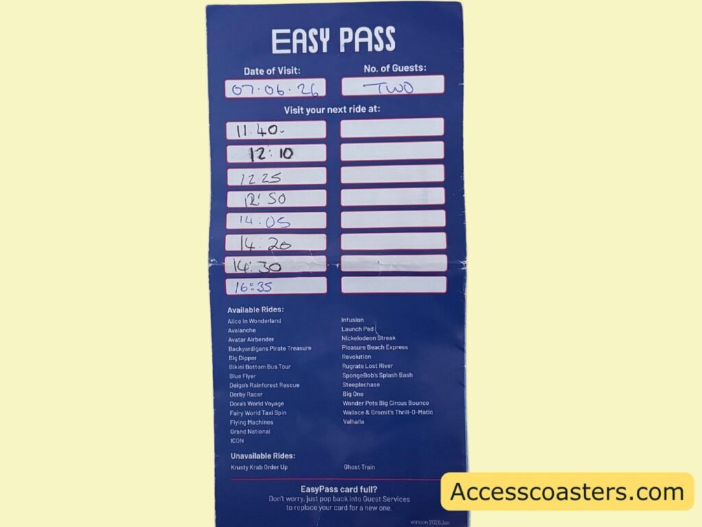 image of easy pass time card with date of visit and how many riders. there is text that reads visit your next ride at with 2 columns underneath