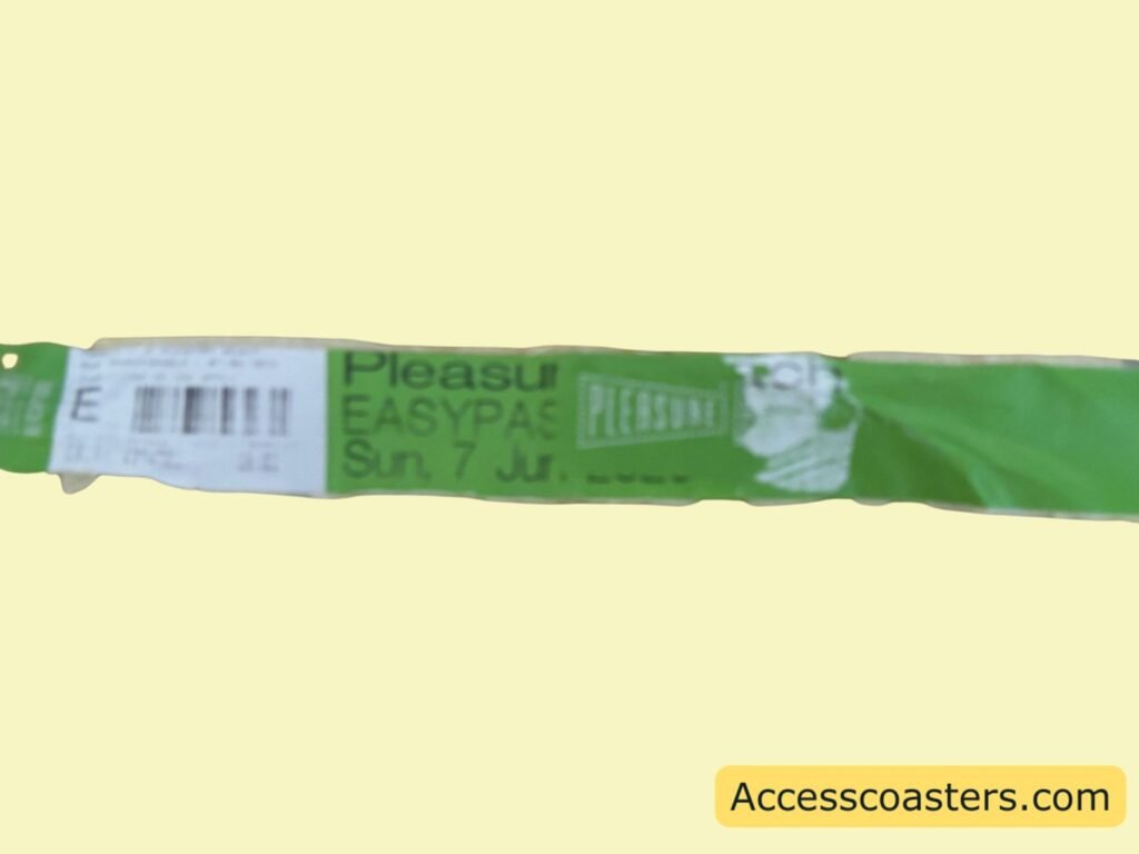 image of green wristband that has the pressure beach logo, barcode and tex that reads easy pass and the date of visit.