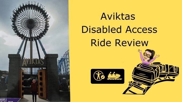 image of Iona stood infront of Aviktas whilst the ride is at the top. next to a yellow graphic panel reading “Aviktas Disabled Access Ride Review” with a cartoon coaster illustration and accessibility icons.