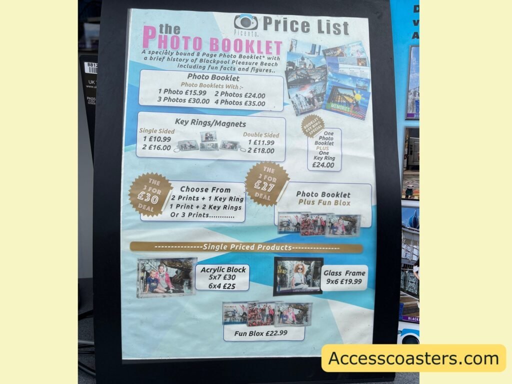 Photo of a vertical “Photo Booklet” price list poster at a theme park photo counter. The sign shows several sample ride photos and outlines different package options, including a photo booklet, key rings, magnets and single print products, with prices listed