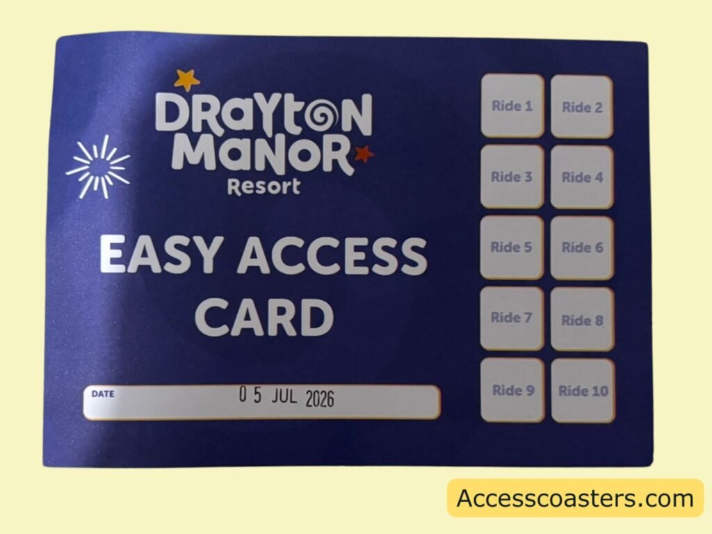 image of a dark blue card with the drayton manor logo text that reads easy access card on the right side of the card there is 10 boxes labled ride 1 to 10 at the bottom of the card there is a date box.