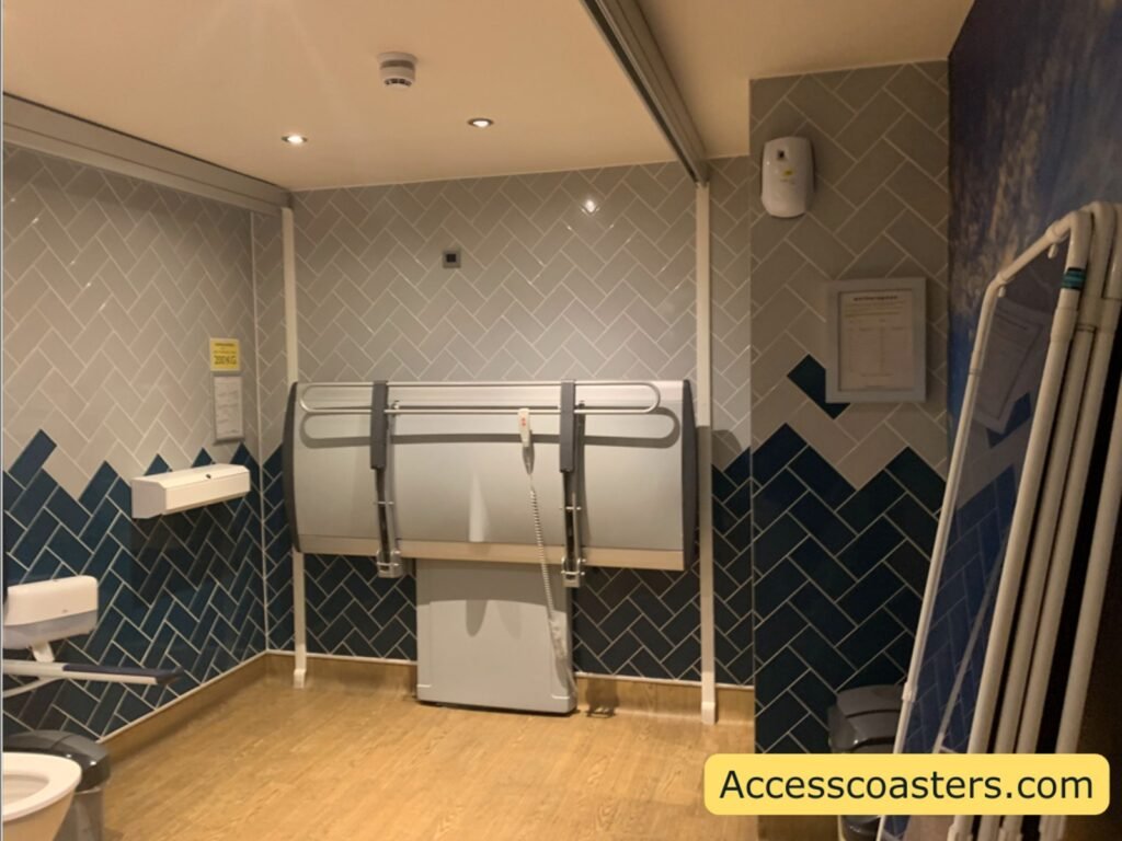 Changing Places accessible toilet at The Velvet Coaster, showing a wall mounted height‑adjustable adult changing bench, a ceiling‑track hoist, support rails,