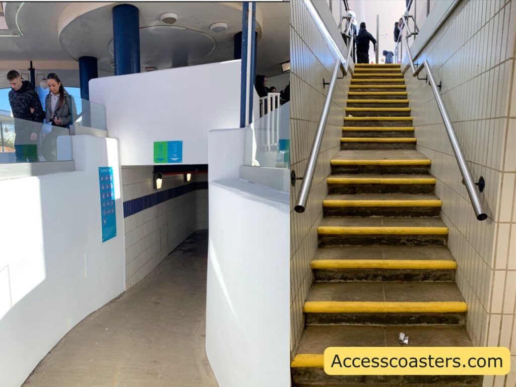 View of the easy access entrance staircase with yellow steps and handrails leading up into the Grand National station.
