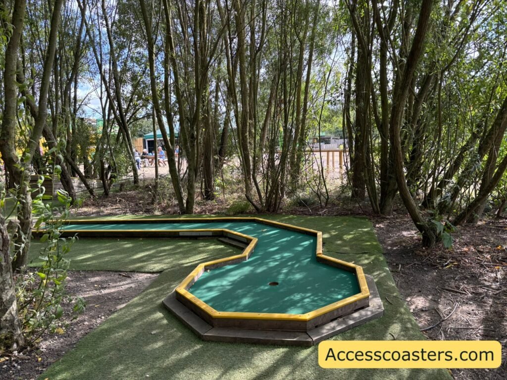 Corn on the Club crazy golf hole winding through dense woodland, with a sharply zigzagging strip of green artificial turf edged in yellow, showing how little space there is between the trees around the hole.