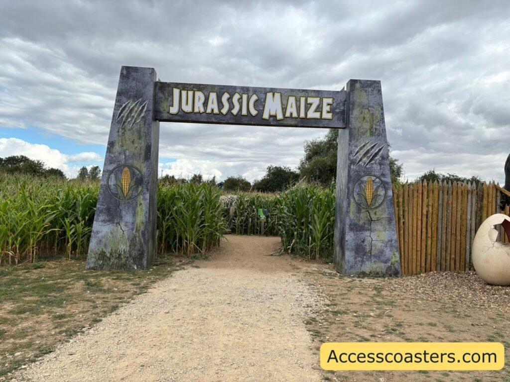 entrance to jurassic maize with a stone style entrance artch into the maze you can see the corn maze area through the arch. 