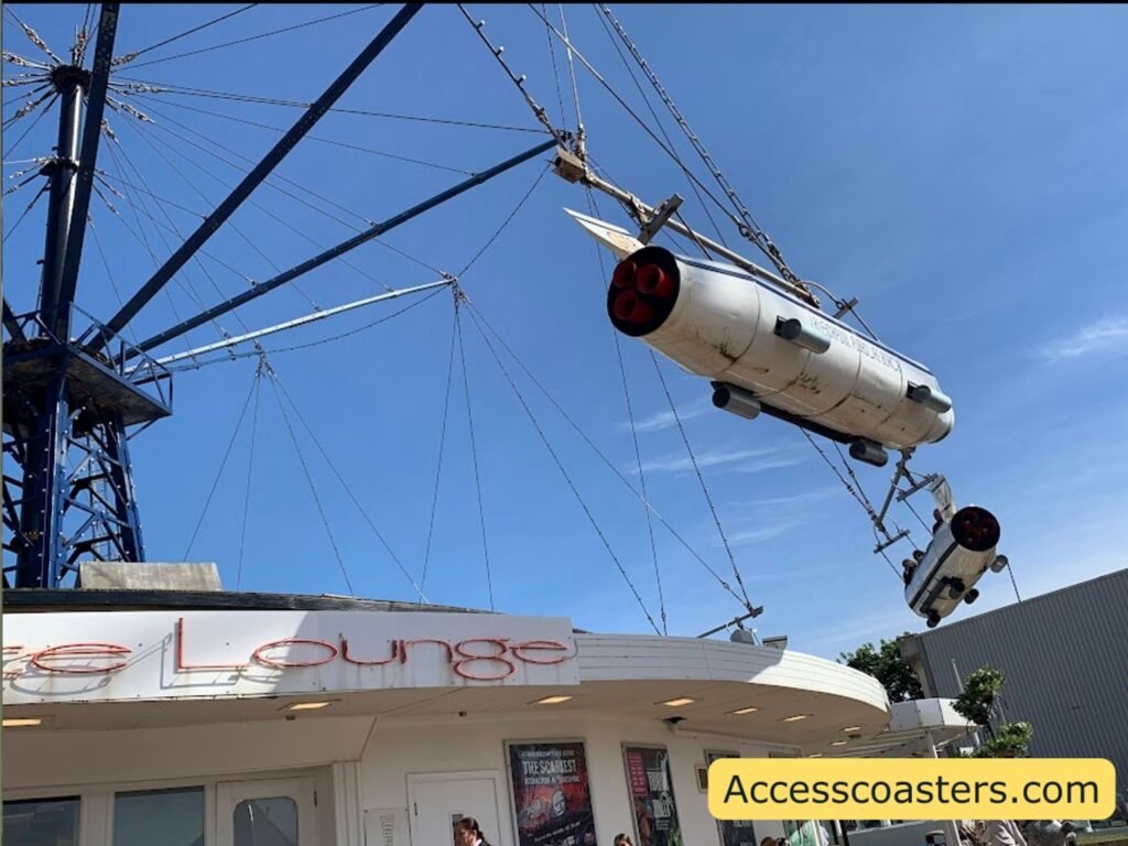 The Flying Machines ride at Pleasure Beach showing an airplane‑style ride car suspended from a rotating arm high above the ground