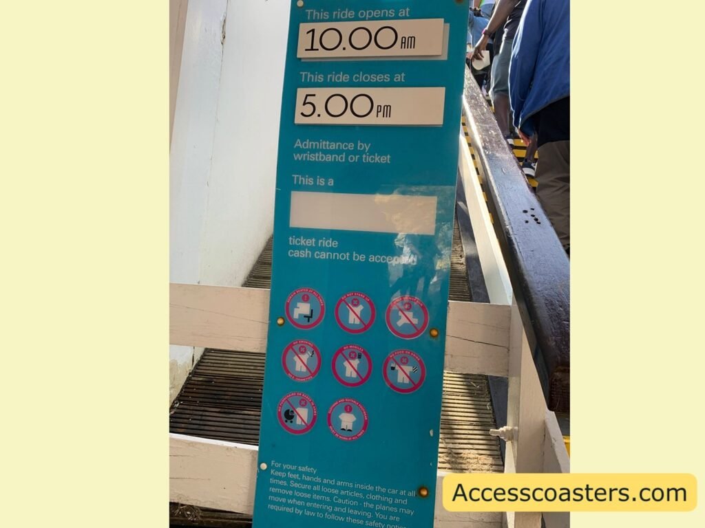 Information board for the Flying Machines ride at Pleasure Beach, showing height requirements, safety symbols and ride details
