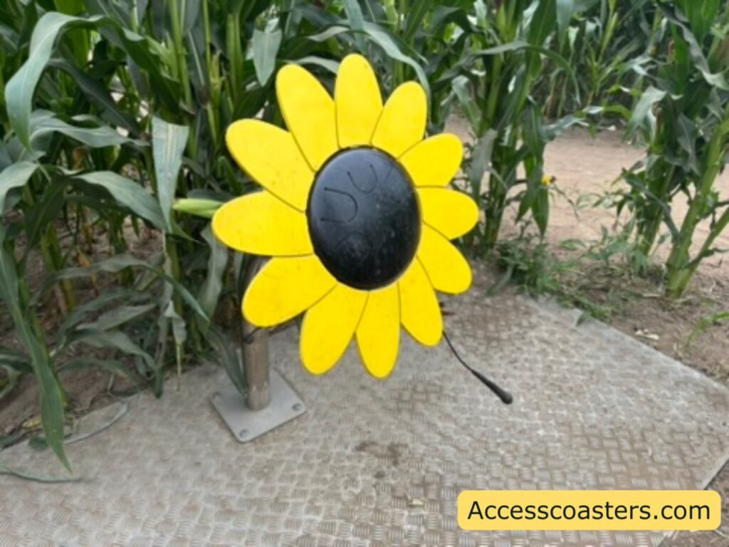 Inside the Musical Maze: a bright yellow metal sunflower with a black centre, mounted at path level among tall corn, acts as an accessible outdoor musical instrument on a firm textured surface.