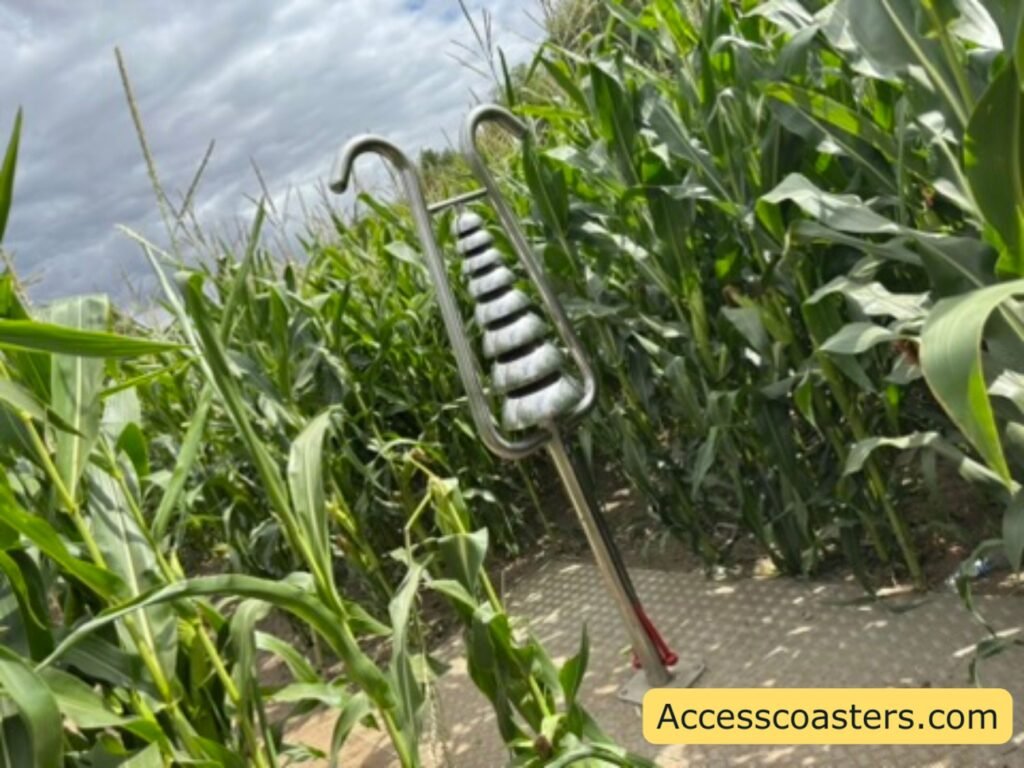 Further along the Musical Maze: a tall silver metal instrument shaped like a lyre, with rounded bars to strike for different notes