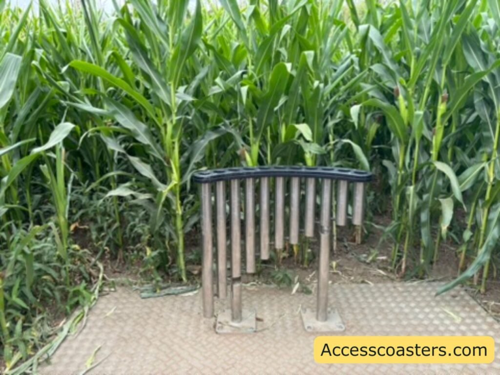 Another stop in the Musical Maze: a curved row of vertical metal chimes of different lengths stands on a solid textured platform surrounded closely by tall corn