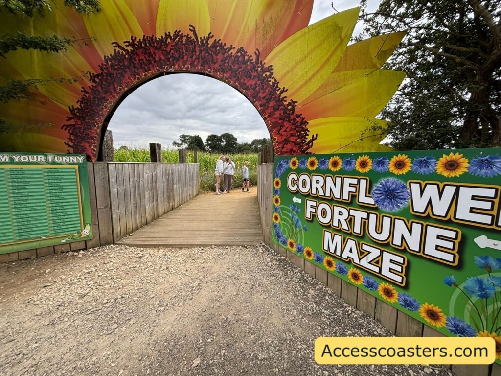 entrance arch decorated like a giant sunflower with yellow and orange petals around a circular opening. A dirt path leads through wooden fencing, with a bright green and floral sign on the right that reads “CORNFLOWER FORTUNE MAZE.”