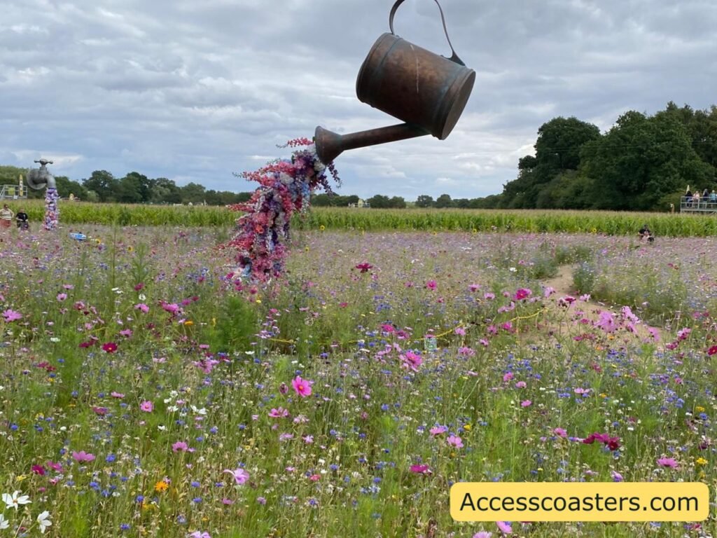 wide field of wildflowers  In the centre, a tall curved metal pole holds a large watering can tilted downward. From the spout, a long spray-shaped cascade of pink and purple artificial flowers or decorations appears to pour into the field.