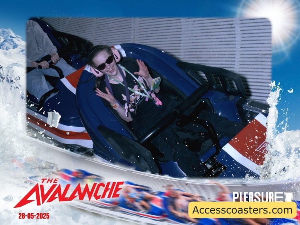 on ride photo of iona smiling on avalanch with a snowey themed photo frame 
