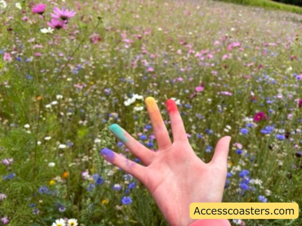  A hand held out over a wildflower field, with each finger painted a different bright colour