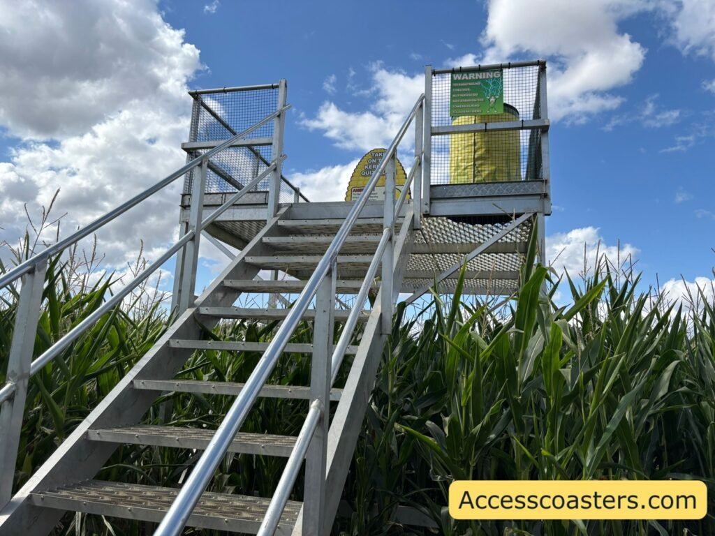 image shows metal staircase with double handrails leading up to a high viewing platform with railings. 