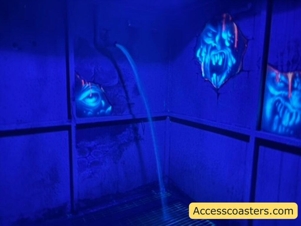 image of theming with masks on the wall and water foutine
