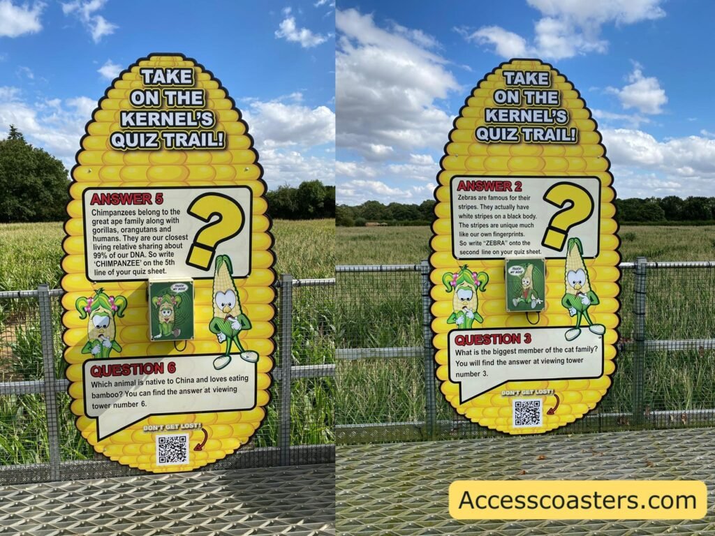 image shows two of the quiz trail on a corn themed back bord with question and the answer to the last one as well as a button to press. 
