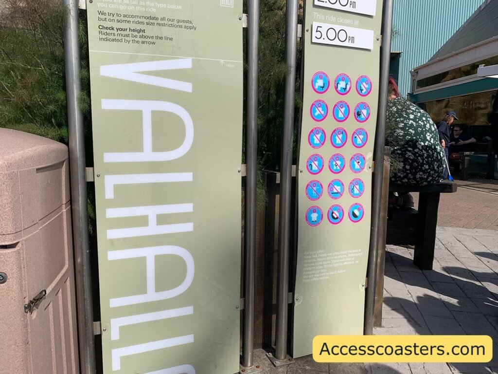 ride restrictions and information board for vallhall with height information and ride restriction info such as no prams in queue line and no standing up. 