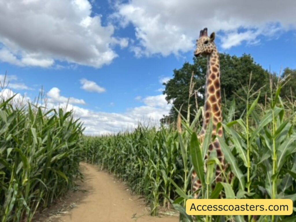 image of corn maze edged path with a giraffe statue coming out the top of the long grass. 