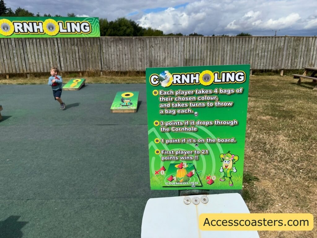 image of bean bag toss game called cornholling with a bord explaining the points system and the been bag toss boards can be seen on the background with been bags scattered around. 