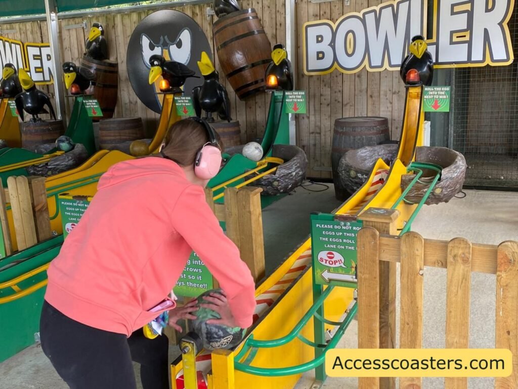image of Iona playing the bowling game pushing the ball down the track. 