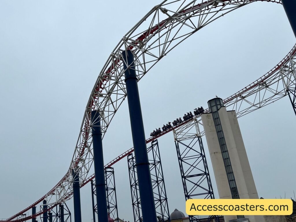 Side view of the Big One’s with train going around the track