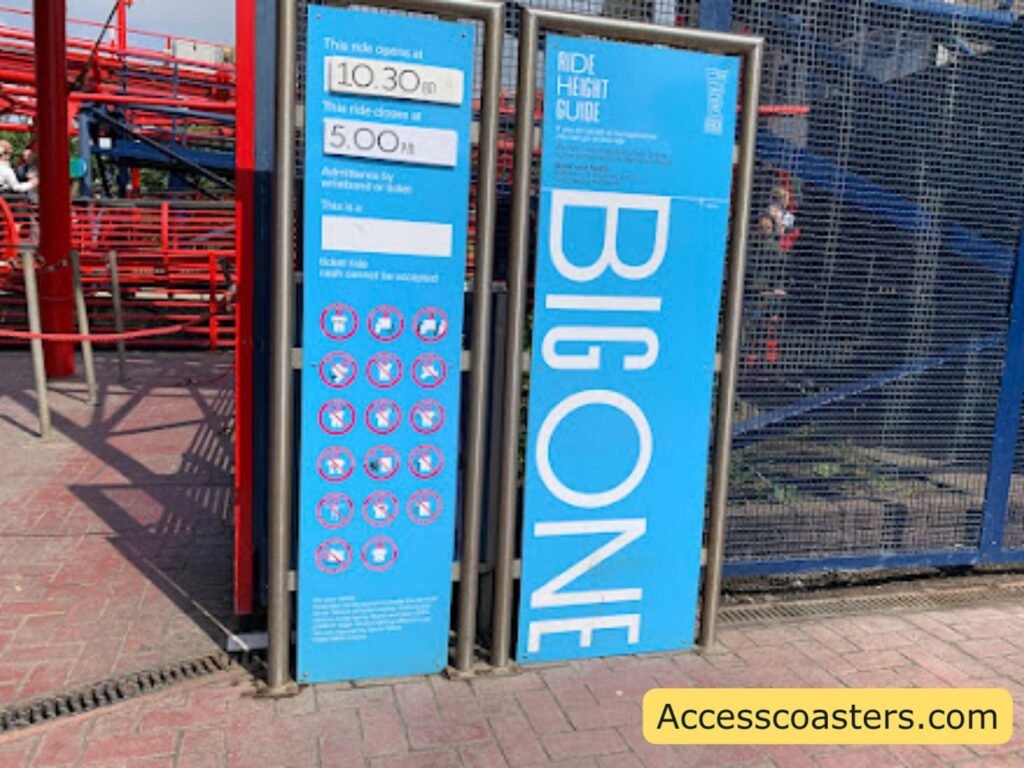 Tall vertical “Big One” ride information board at Blackpool Pleasure Beach, with the blue panel listing safety details