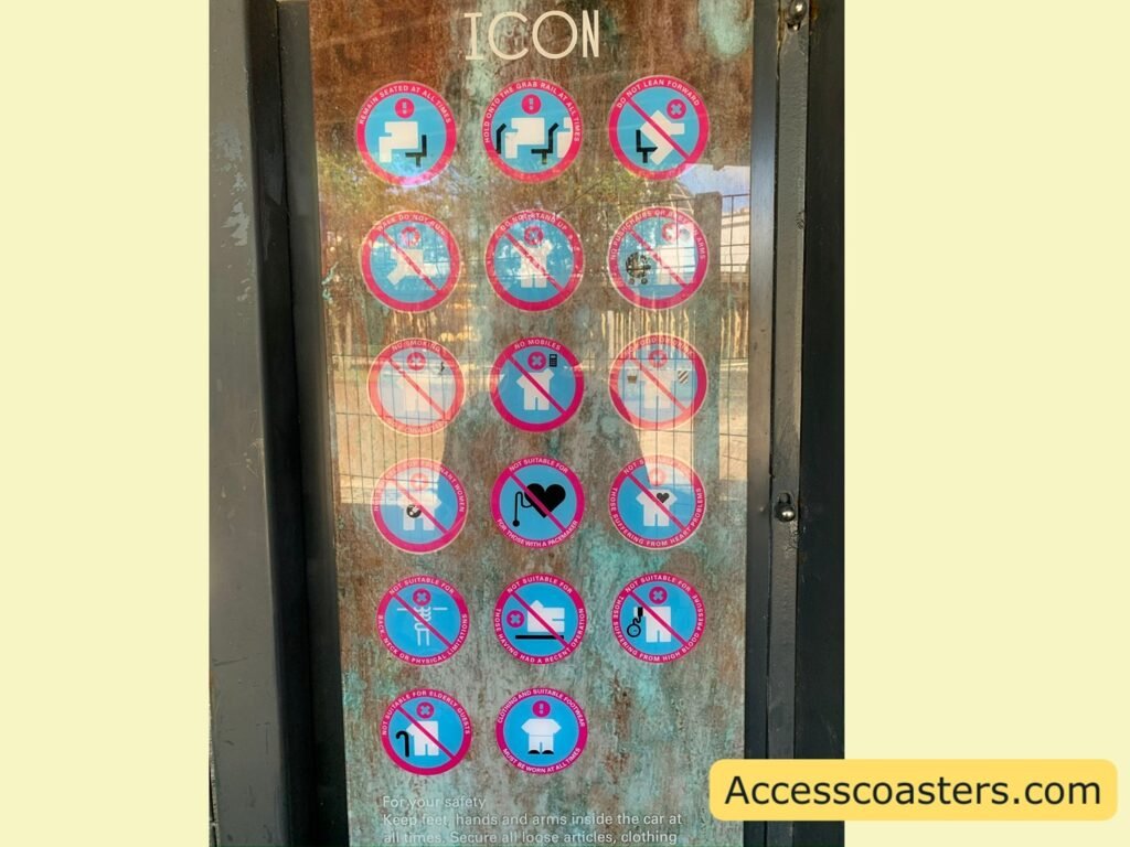  vertical brown signboard with many circular red-and-blue prohibition symbols, such as no loose articles and no food or drink.