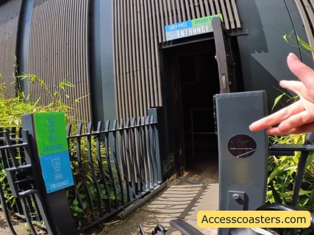 close up of easy access pass door with a level open door leading into the station with signage that reads  speedy pass entrance and easy access pass entrance. 