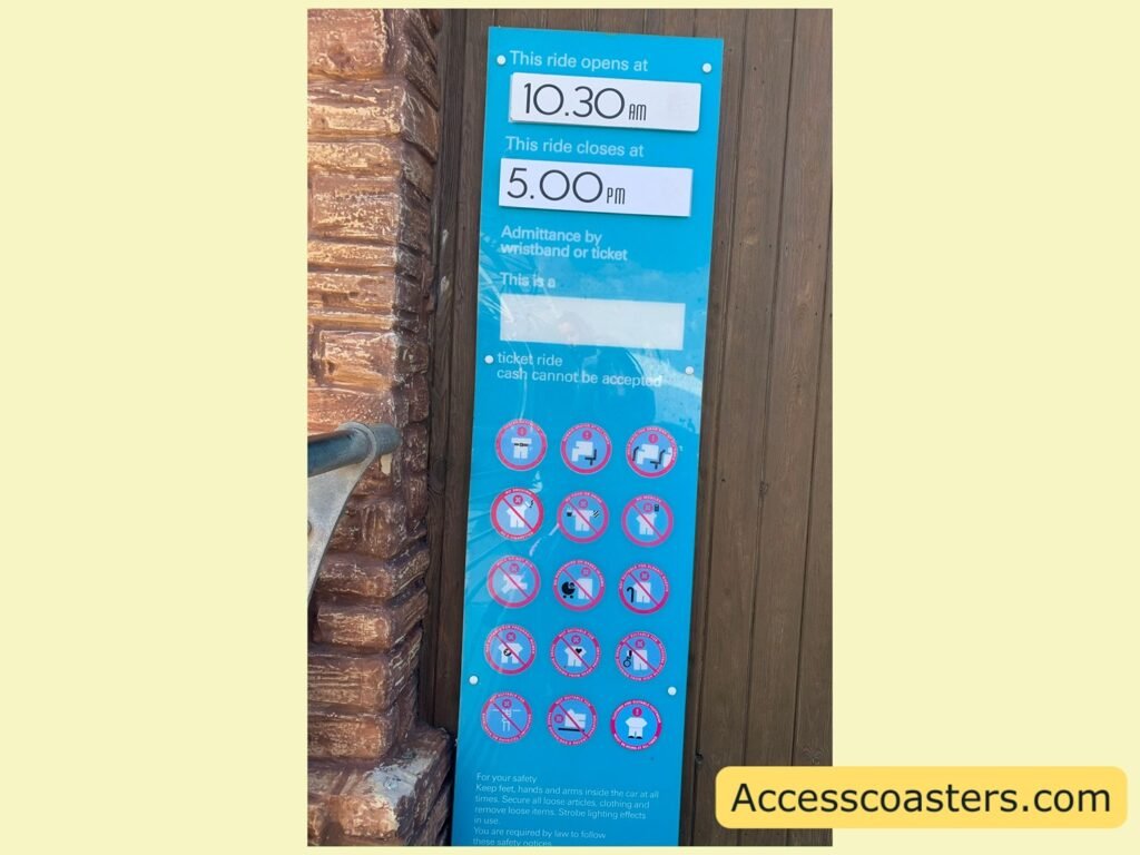 ride information board with height restrictions, ride opening times and ride restrictions 