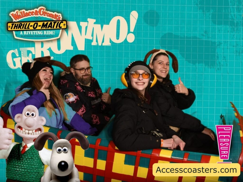 image shows Iona and her friends on ride photo for Wallace and Gromit's Thrill-O-Matic. the frame is themed with a pic of Wallace and Gromit's themselves and the word Geronimo