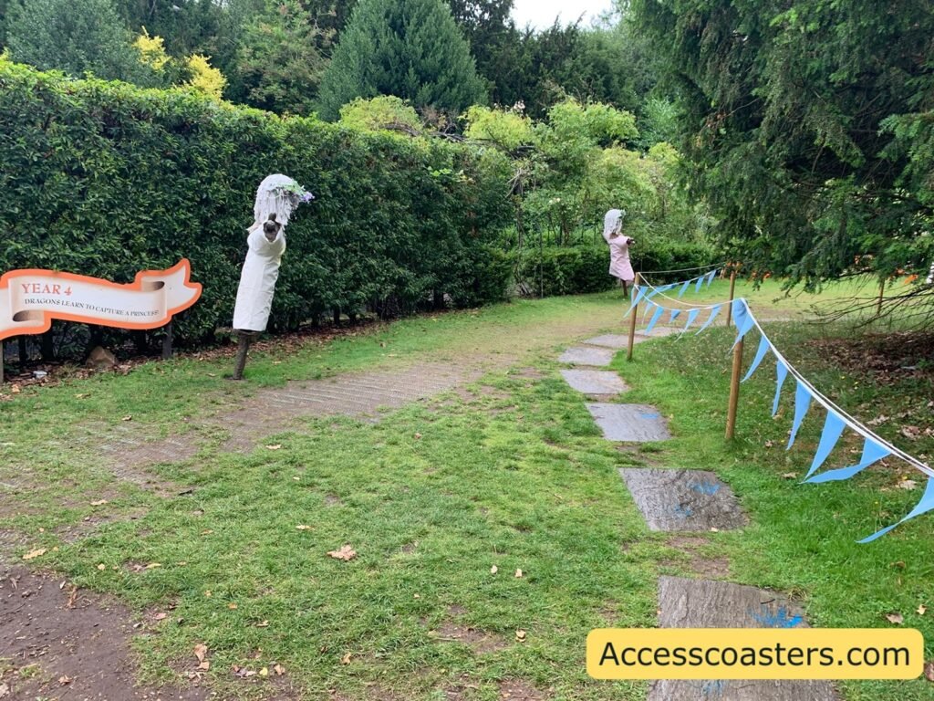 image of grass area with lots of scarecrow style captured princess and a sign that reads year 4 learn how to capture a princess. 