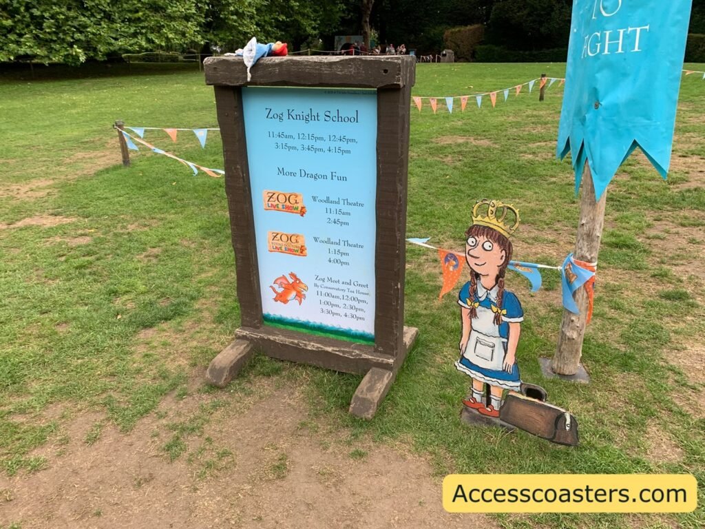 image of information board by the Zog knight school that reads zog night school and lots of show timings. zog live show woodland theatre with show times and zog meet and great with show times. 