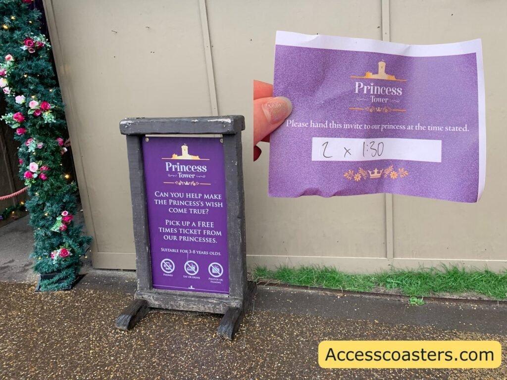 image of safty sign outside the princess tower with text that reads 'can you help make the princess wish come true pick up a free time ticket from our princess. sutible for 3 to 8 years no phones or photograthy, no food and drink'

a second image of the princess time ticket has been added in it is a purple paper ticket with text that reads please had the invite into our princess at the time stated with a box with a hand written time in and number of people. 