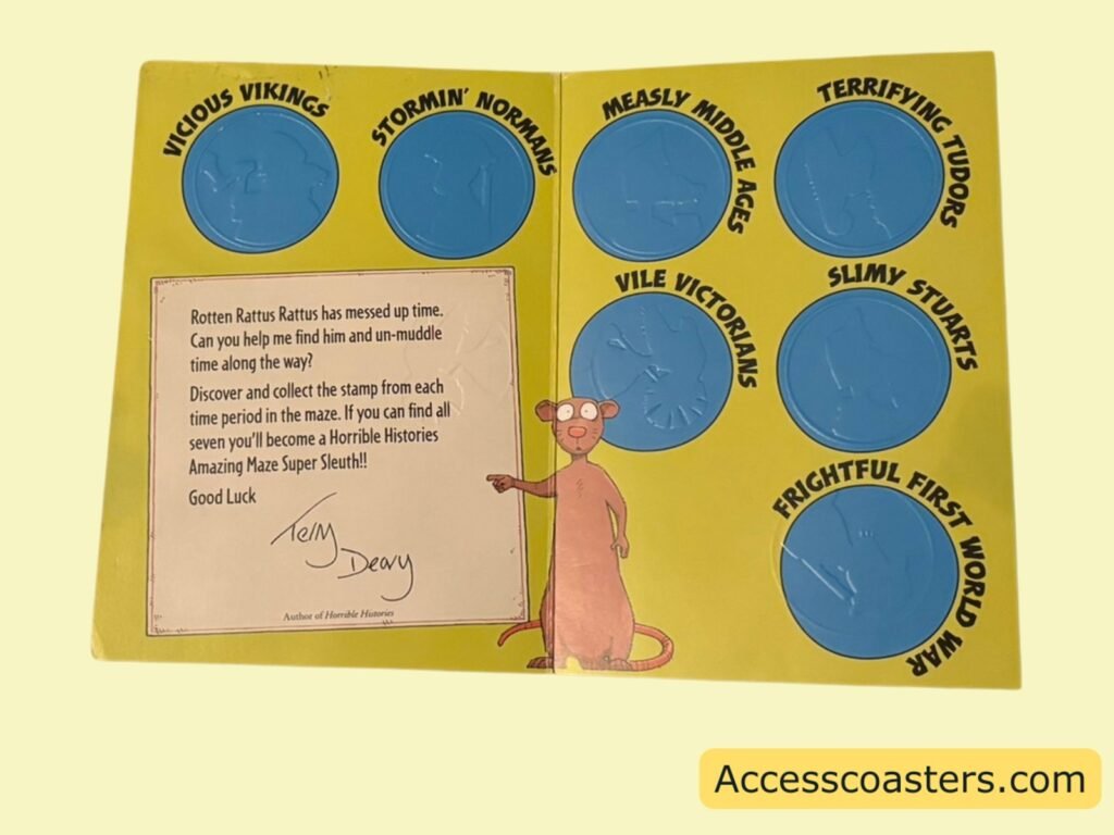 An open “time passport”–style card on yellow backing, with several large blue circles for stamps around the page and a cartoon rat or similar character standing at the bottom right.