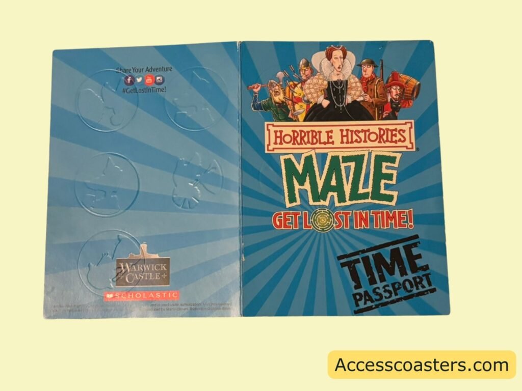 activity card for “Horrible Histories MAZE Get Lost in Time!” with cartoon characters at the top and a “Time Passport” circle in the bottom right corner.