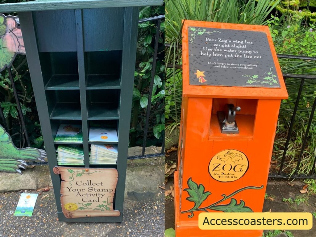 image of stand with lots of boxs field with trail cards and text that reads collect your stamp activerty card. 

image of orange stamp machine with metal lever and text that explains the activity and to stamp your activity card here. 