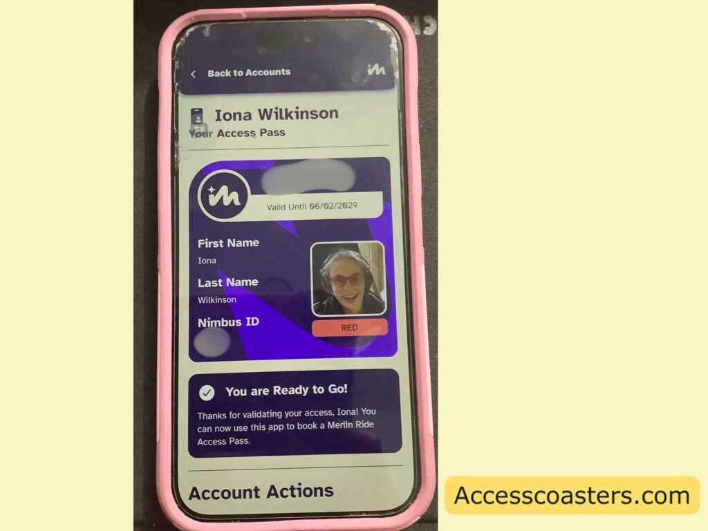 image of merlin ride access pass app with ionas ride access pass ID card with Iona's name, nimbus ID number and a photo. 