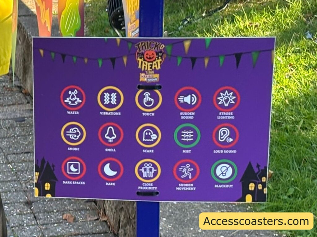 image of sensory level board at Alton towers the following sensory effects are labelled green: mist and blackout. the following sensory effects are labelled amber: vibrations, touch, scare, smoke, close proximity. the following sensory effects are labelled red: water, sudden sounds, strobe lighting, smell, loud sounds, dark, dark spaces and sudden movement 