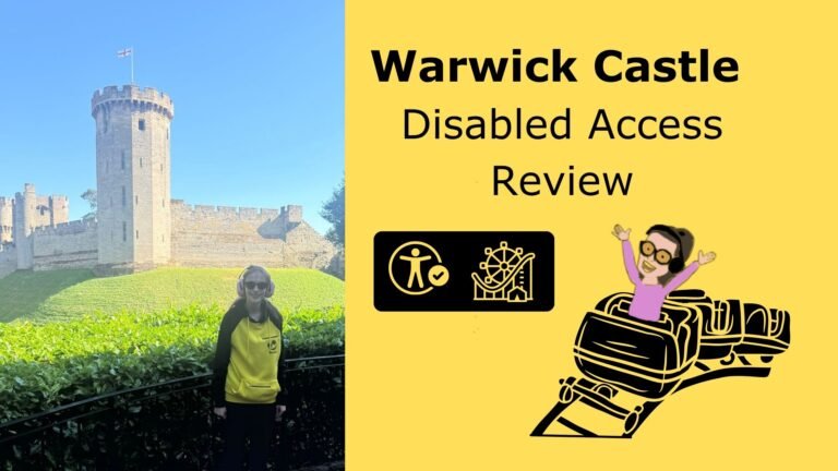 Iona stood in front of the wawrick castle smiling the other half of the image is a yellow background with text that reads wawrick castle disabled access review with the theme park trips symbol and a cartoon of Iona riding a rollercoaster